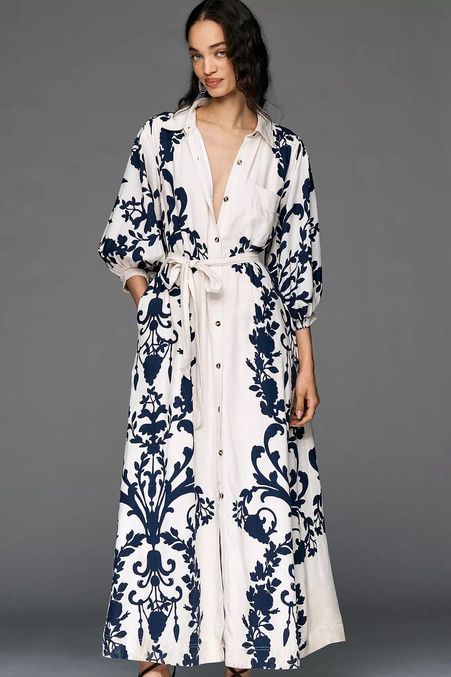 nwt ANTHROPOLOGIE MAEVE sz M The Mona linen maxi dress in blue floral motif